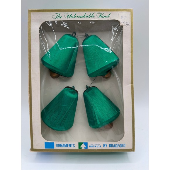 Vintage 60s Bradford Unbreakable Christmas Bell Ornaments Set of 4‎ Green Boxed - Picture 1 of 2